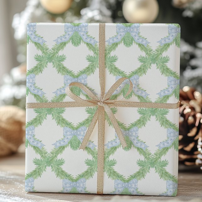 Papier Cadeau Aquarelle Noël Blue Bow Garland (Créateur téléchargé)