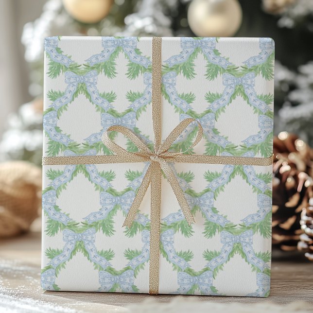 Papier Cadeau Aquarelle Noël Blue Bow Garland (Créateur téléchargé)