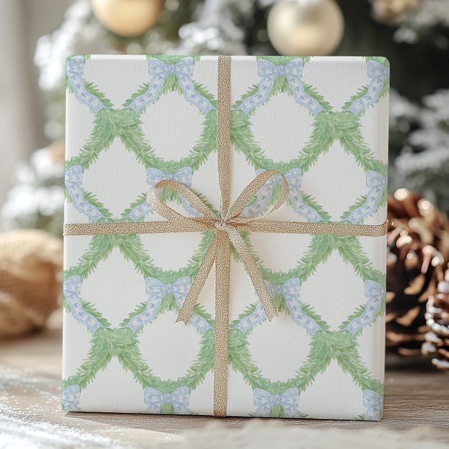 Papier Cadeau Aquarelle Noël Blue Bow Garland (Créateur téléchargé)