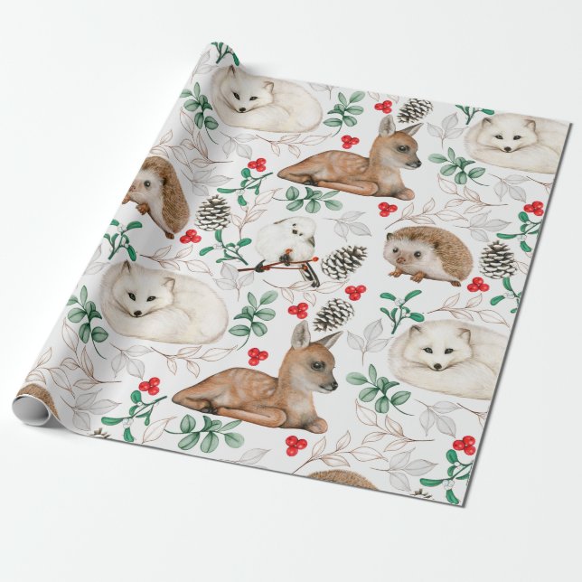 Papier Cadeau Aquarelle Noël Bois Animaux, Pinecones   (Déroulé)