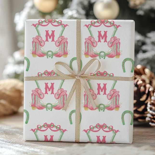 Papier Cadeau Aquarelle Noël Bottes Monogramme Crest (Créateur téléchargé)