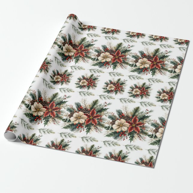 Papier Cadeau Aquarelle Noël Floral (Déroulé)