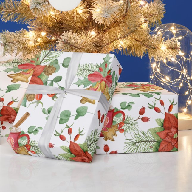 Papier Cadeau Aquarelle Noël Poinsettia et Cardinal Rouge (Vacances)