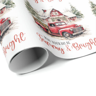 Papier Cadeau Aquarelle Noël Vintage Camion et grange