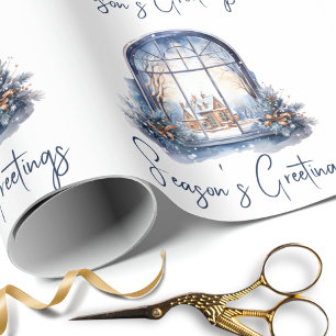 Papier Cadeau Aquarelle Nordique Bleu Neige Noël traditionnel