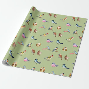 Papier Cadeau Aquarelle Oiseaux forestiers sauvages Vert