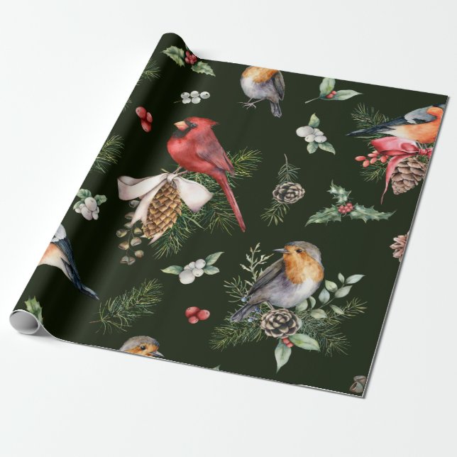 Papier Cadeau Aquarelle Oiseaux Motif de Noël (Déroulé)