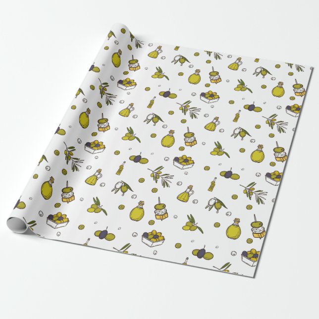 Papier Cadeau Aquarelle Olive, Branche d'olive et Bouteille d'hu (Déroulé)