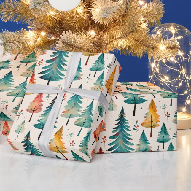 Papier Cadeau Aquarelle or et arbres verts de Noël (Vacances)