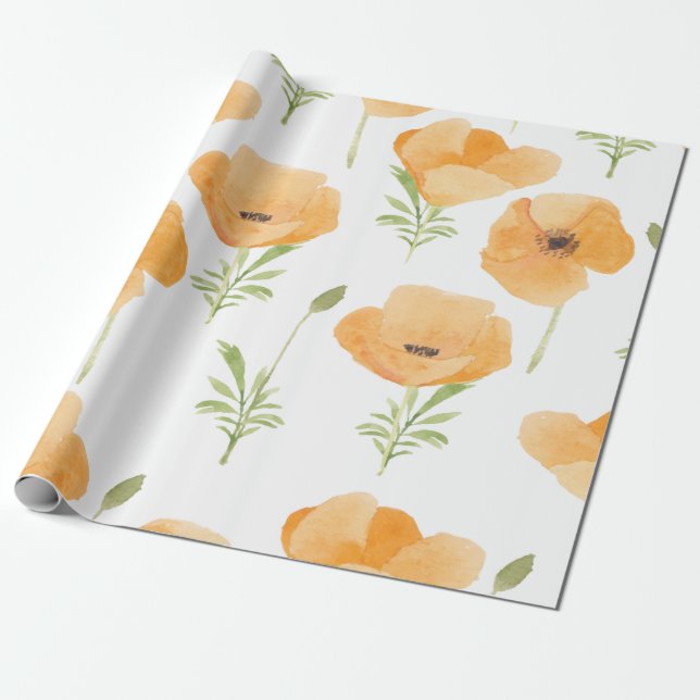 Papier Cadeau Aquarelle Orange Fleurs de pavot Floral (Déroulé)