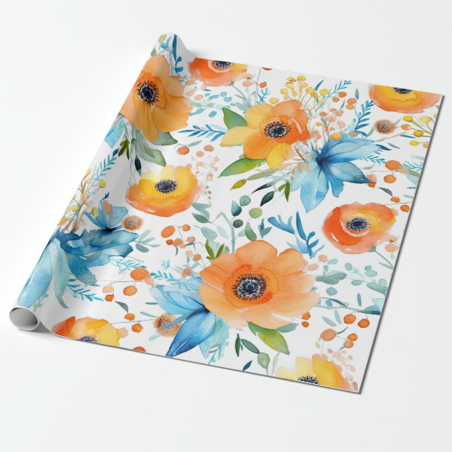Papier Cadeau Aquarelle Oranges florales et papier d'enveloppeme (Déroulé)
