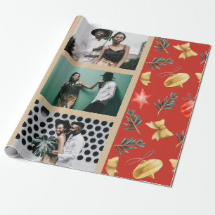Papier Cadeau Aquarelle Ornements de Noël Photo Collage Rouge