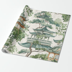 Papier Cadeau Aquarelle Pagode asiatique dans paysage verdoyant 