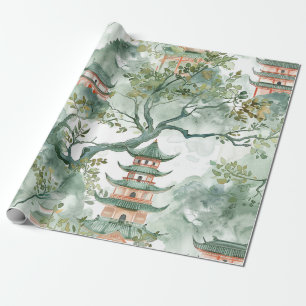 Papier Cadeau Aquarelle Pagode asiatique dans paysage verdoyant 