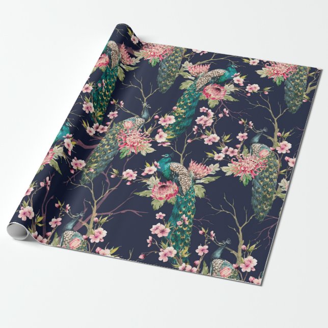 Papier Cadeau aquarelle paon motif sur une cerise d'arbre, fleur (Déroulé)