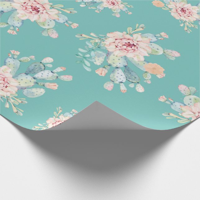 Papier Cadeau Aquarelle Pastel Cactus Fleurs florales Succulente (Coin)