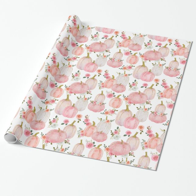 Papier Cadeau Aquarelle Pastel Citrouille rose Rose Motif (Déroulé)