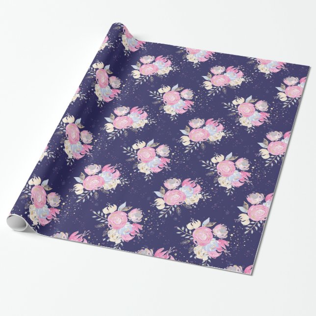 Papier Cadeau Aquarelle Pastel Fleurs avec Parties scintillant (Déroulé)