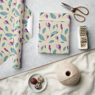 Papier Cadeau Aquarelle peinte à la main fleurs vertes violettes
