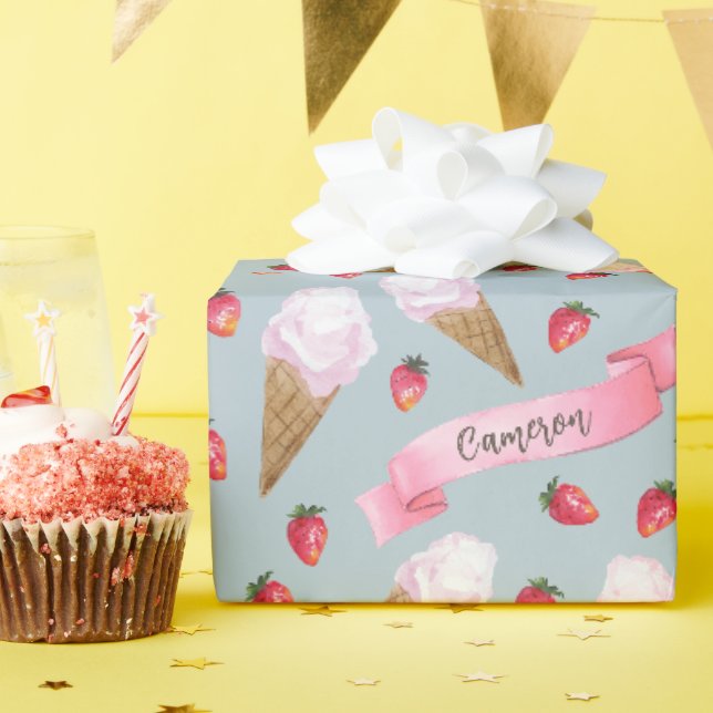 Papier Cadeau Aquarelle personnalisée cône de crème glacée frais (Fête d'anniversaire)