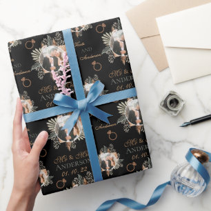 Papier Cadeau Aquarelle personnalisée Floral Bride & Groom Noir