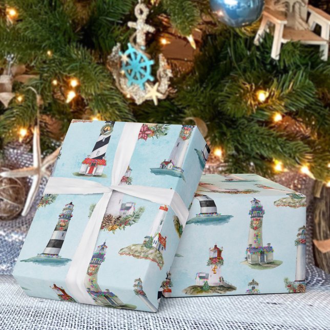 Papier Cadeau Aquarelle phares de Noël bleu marine (Créateur téléchargé)
