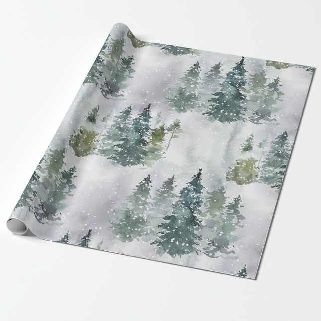 Papier Cadeau Aquarelle Pin rustique Arbres Forêt Neige hiver (Déroulé)
