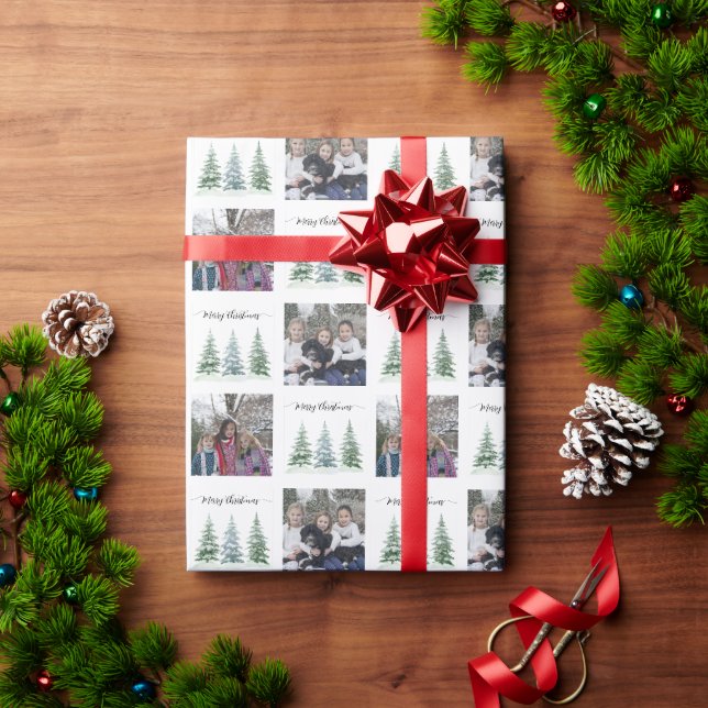 Papier Cadeau Aquarelle Pine Arbres 2 Photo Joyeux Noël (Cadeau de vacances)