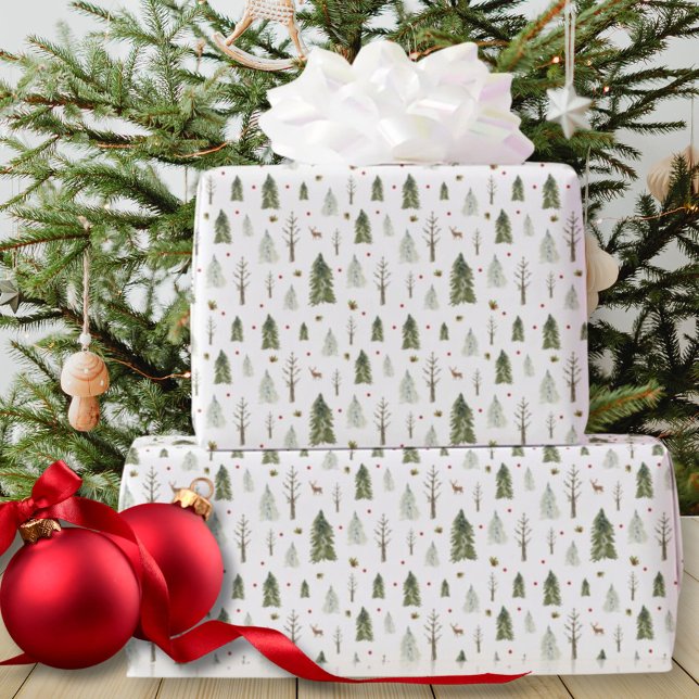 Papier Cadeau Aquarelle Pine Arbres Papier d'enveloppement de No (Watercolor Pine Trees Christmas Wrapping Paper)
