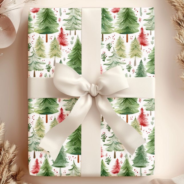 Papier Cadeau Aquarelle Pine Arbres Vacances Papier à envelopper (Créateur téléchargé)