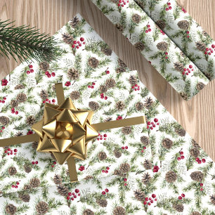 Papier Cadeau Aquarelle Pine Cônes Rustique Noël botanique