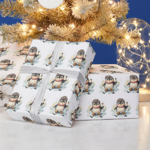 Papier Cadeau Aquarelle Pingouin Ski Sur Neige