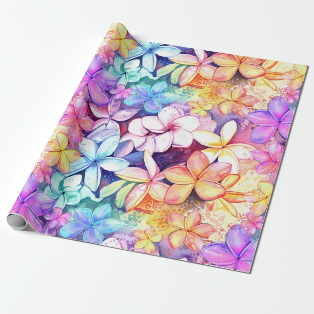 Papier Cadeau Aquarelle Plumeria Fleurs Enveloppement Papier (Déroulé)