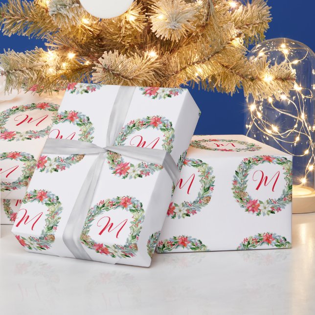 Papier Cadeau Aquarelle Poinsettia monogramme de couronne de Noë (Vacances)