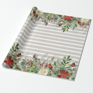 Papier Cadeau Aquarelle Poinsettia Pine Cascade rayée