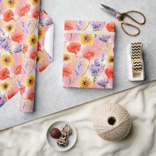 Papier Cadeau Aquarelle Provence Fleur sauvage motif floral (Artisanat)