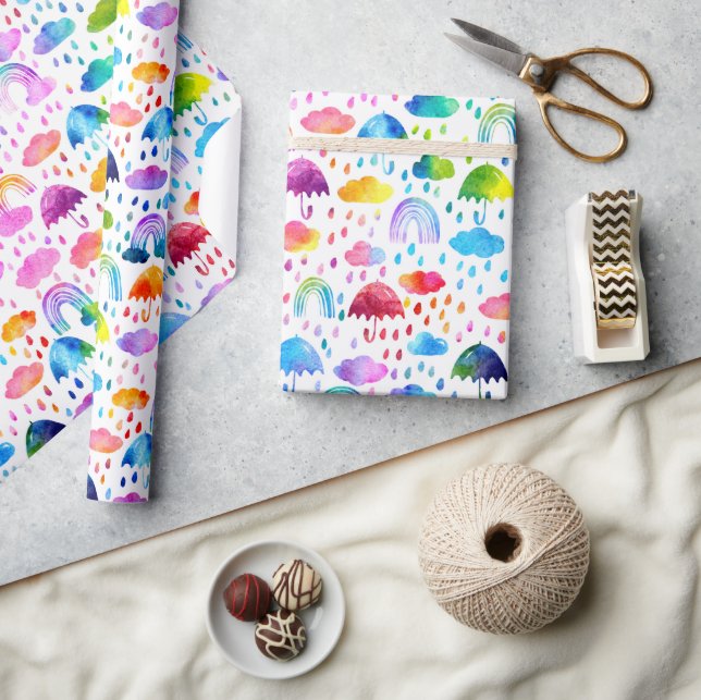 Papier Cadeau Aquarelle Rainbow Umbrellas Rainy Day Girls (Artisanat)