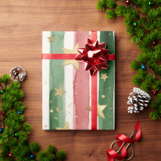 Papier Cadeau Aquarelle rayures et étoiles d'or Noël