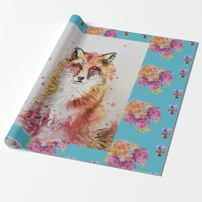 Papier Cadeau Aquarelle Red Fox jolie Bois d'art animal (Déroulé)