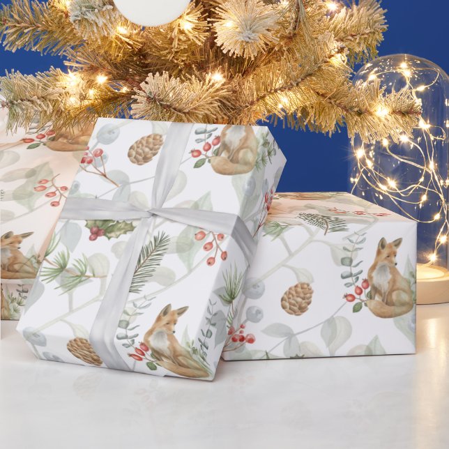 Papier Cadeau Aquarelle Renard de Noël, Branches de pins, Baies (Vacances)