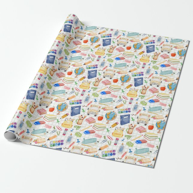 Papier Cadeau Aquarelle Retour aux fournitures scolaires (Déroulé)