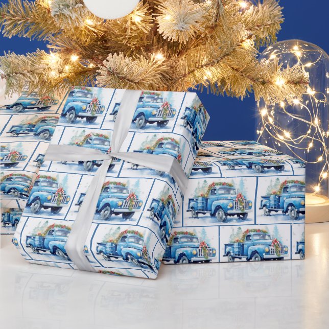 Papier Cadeau Aquarelle Rétro Camion Bleu Dans Les Flèches De Ne (Vacances)