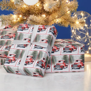 Papier Cadeau Aquarelle Retro Camion Rouge En Hiver Woods