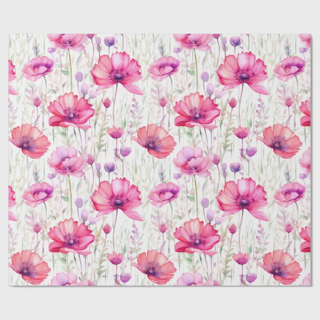 Papier Cadeau Aquarelle romantique Fleur sauvage rose (Plat)