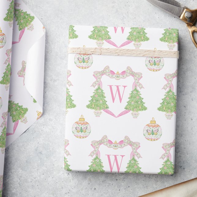 Papier Cadeau Aquarelle rose Arbre de Noël Monogramme Crest (Créateur téléchargé)