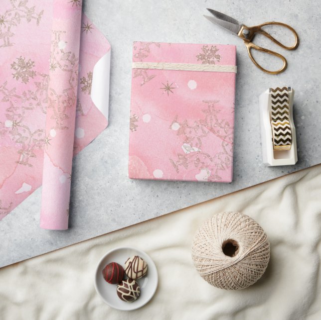 Papier Cadeau Aquarelle rose avec flocons de neige à parties sci (Artisanat)