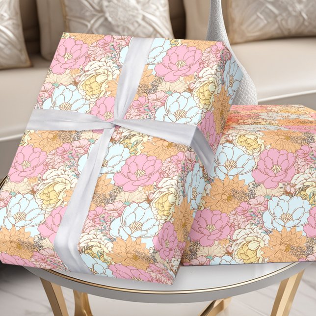 Papier Cadeau Aquarelle rose Bleu Orange Pastel Motif Floral (Watercolor Pink Blue Orange Pastel Floral Pattern Wrapping Paper)