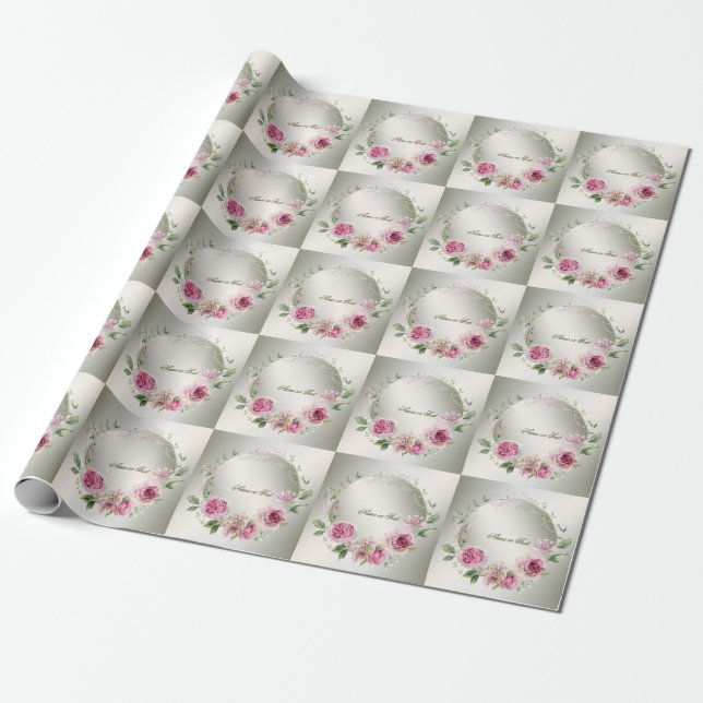 Papier Cadeau Aquarelle rose cadre floral brillant Bronze élégan (Déroulé)