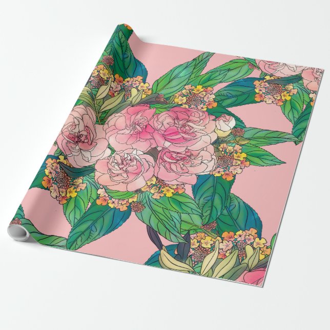 Papier Cadeau Aquarelle rose de la fille Peinture à la main (Déroulé)
