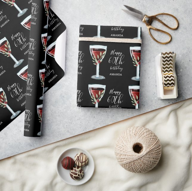 Papier Cadeau Aquarelle Rose de vin rouge 60e anniversaire (Artisanat)